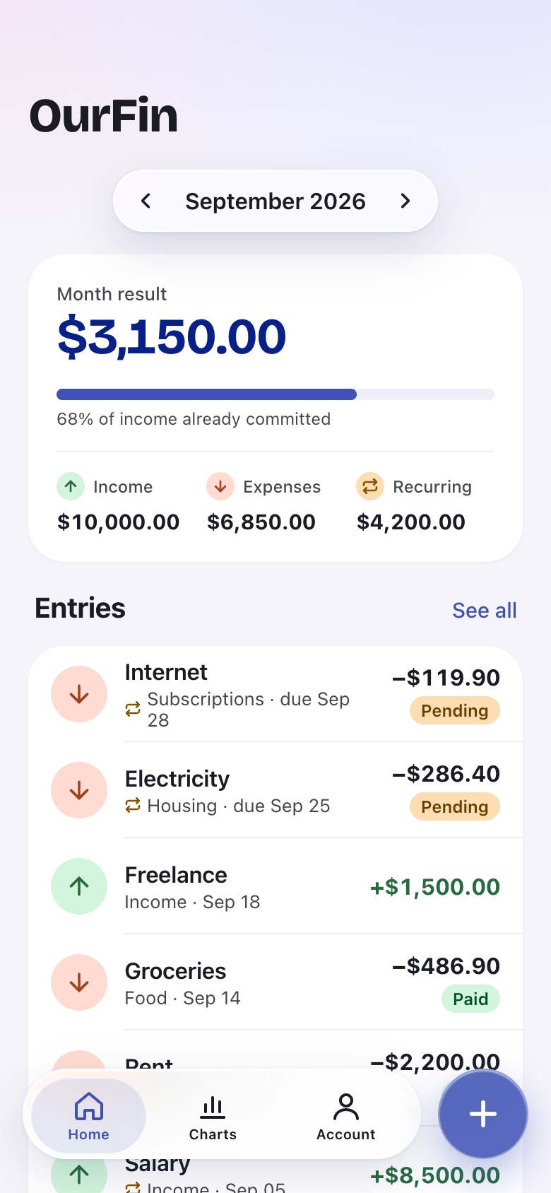 OurFin home screen with the monthly summary and the list of entries
